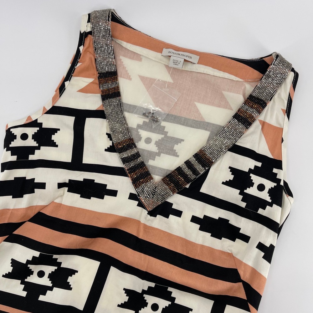 Boston Proper Dress Sleeveless Beaded V-Neck Geometric Print Casual‎ Size 2